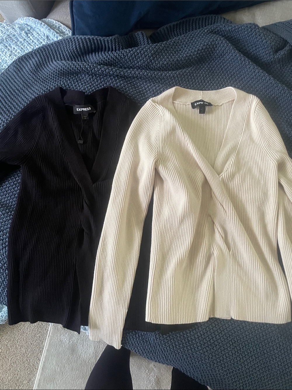 Express Ribbed V-Neck Wrap Sweaters in Black and Cream